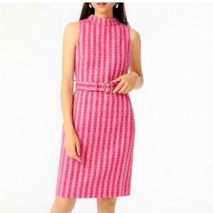 Jcrew Mockneck belted sheath dress in pink disco tweed
